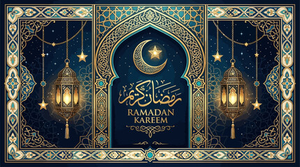 Ramadan Kareem banner featuring Islamic art, calligraphy, crescent moon, and lanterns against a starry night sky, perfect for festive greetings and cultural celebrations © john