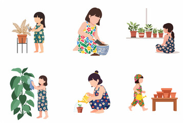 Little girl gardening and taking care of plants set, flat vector illustration of child watering, potting, and pruning houseplants © Laafaa