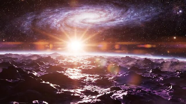 Fantasy alien planet surface rising star distant galaxy