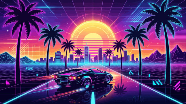 Electrifying Synthwave Journey A Sleek Sports Car Speeds Down a Neon Grid Road Towards a Futuristic City Under a Radiant Sunset, Evoking Retro Aesthetic