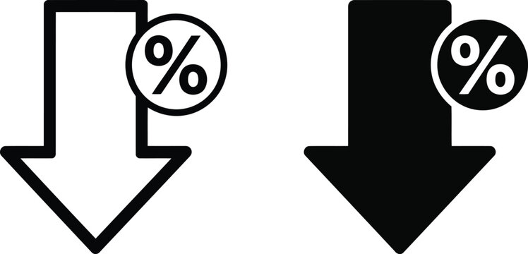 Discount arrow icons with percentage sign line and solid versions