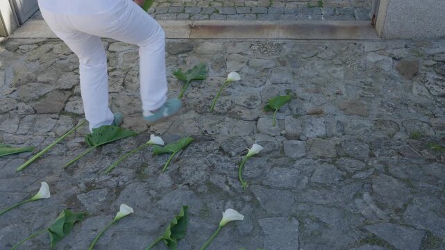 Person laying calla lily flowers on cobblestone street to welcome Easter cross procession in northern Portugal