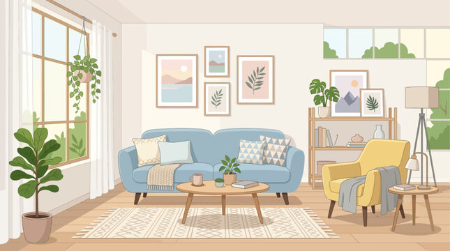 Cozy living room interior with blue sofa, yellow armchair, wooden coffee table and potted plants, wall art, and natural light from window