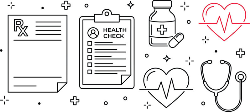 Medical prescription and health check icon set featuring pill bottle stethoscope heart pulse clipboard and line art elements