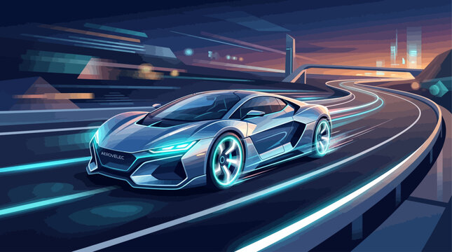 Dynamic futuristic sports car with vibrant neon lights accelerating on a modern elevated highway through a high-tech city at dusk, embodying advanced transportation