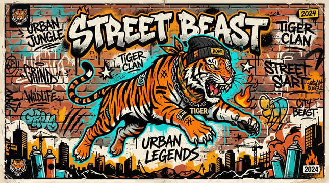 Dynamic digital graffiti illustration of a powerful jungle cat, embodying urban rebellion and fierce street art expression with vibrant, intricate details