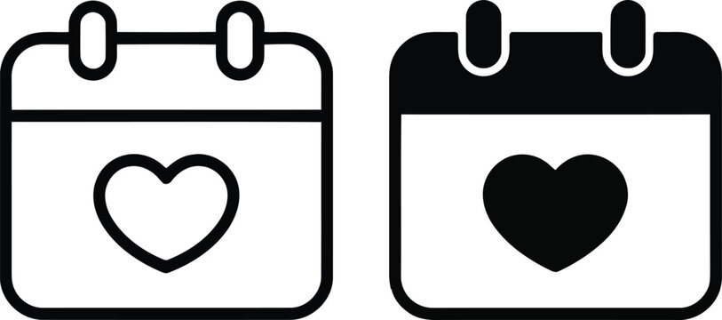 Calendar with heart icon set line and solid versions