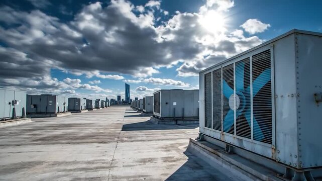 Industrial HVAC units on building rooftop with city skyline and blue sky background