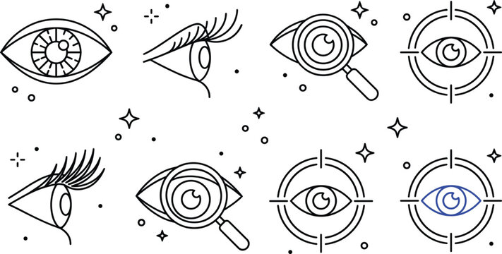 Ophthalmology and biometric eye tracking vector icon set featuring human lashes magnifying glass target crosshair and vision symbols