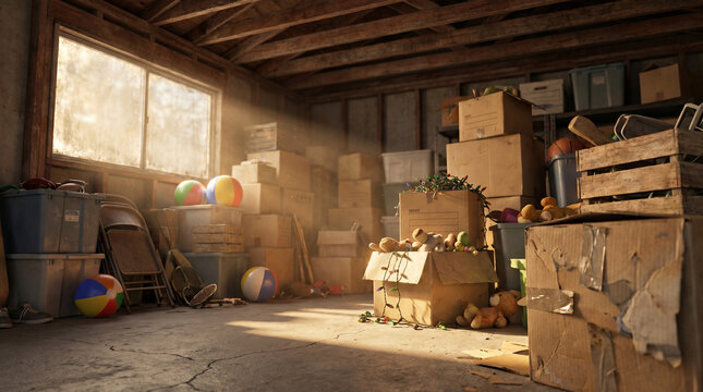 Messy garage packed with boxes, toys, sports equipment and various items, creating cluttered storage space with scattered belongings.