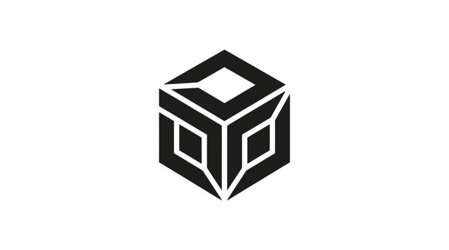 Black and white cube graphic symbol.
