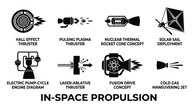 In space propulsion systems hall effect plasma nuclear thermal solar sail laser ablative fusion cold gas.