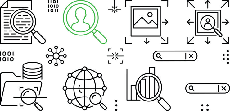Search engine optimization icon set vector illustration with magnifying glass data user analysis global scan line art stickers