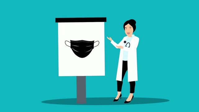 a doctor in a white coat presents social distancing guidelines using a sign with people icons. the scene progresses through