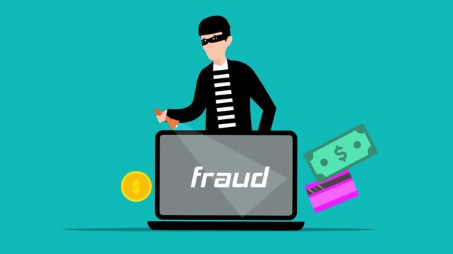 a hacker commits fraud using a computer. money and credit cards float around the screen.