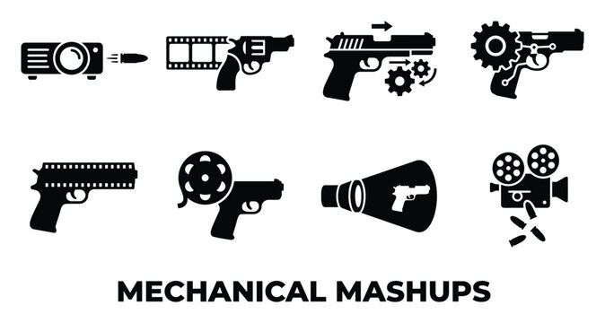 Mechanical mashups solid black icons projector film reels and guns with gears.