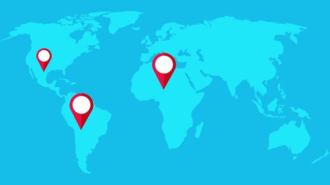 a world map with red location pins progressively appearing across continents. the pins highlight various global destinations.