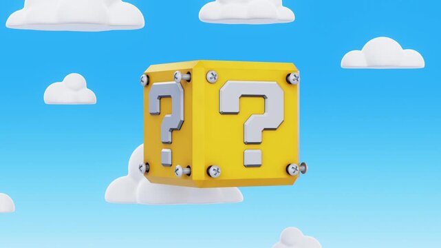 Question mark mystery box on blue sky with clouds - 3D Loop Animation