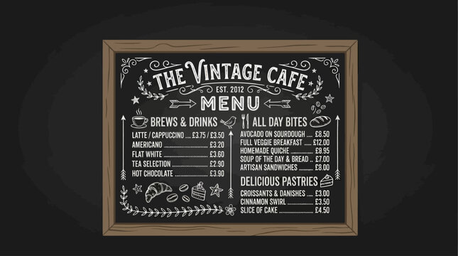 Charming hand-drawn menu design for a vintage style cafe, featuring a delightful assortment of gourmet coffee, refreshing beverages, and delectable pastries presented on a rustic chalkboard
