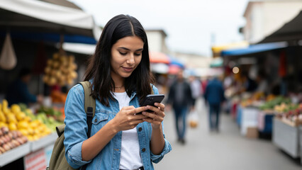 Fototapeta premium Marketplace Connection: A young woman, engrossed in her smartphone, navigates the vibrant aisles of an outdoor market, showcasing modern connectivity amidst traditional commerce.