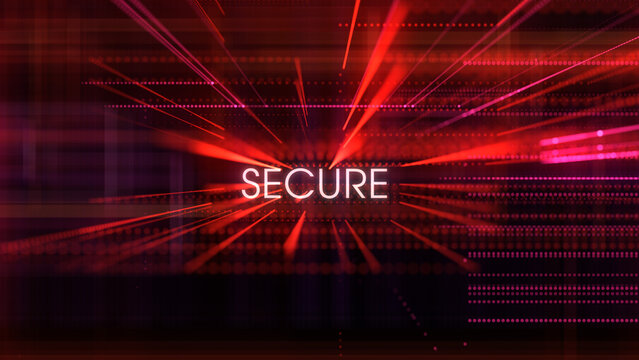 Secure concept title displayed within a futuristic cyber security network featuring glowing red data streams, advanced digital infrastructure, and technology protection visuals.