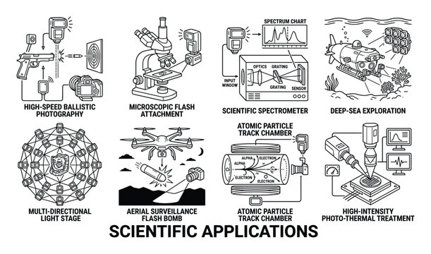 Scientific applications illustration showing high-speed photography microscopic flash atomic particle track chamber.