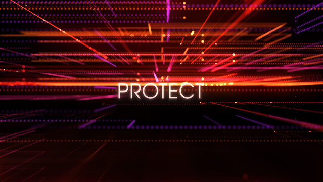 Protect themed title integrated into a futuristic digital security network with glowing red technology lines, cyber defense elements, and abstract data communication visuals.