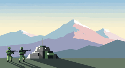 Naklejka premium Abstract illustration of soldiers and mountain landscape