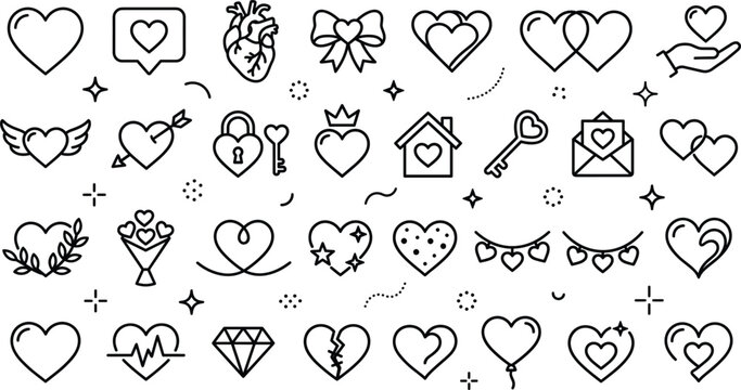 Valentine's Day and love heart line vector icon set with romance wedding arrow lock key envelope balloon elements