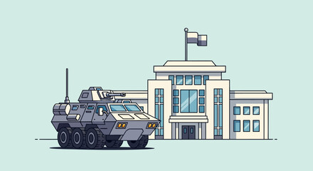 Fototapeta premium Armored vehicle outside government building, defense concept, vector illustration