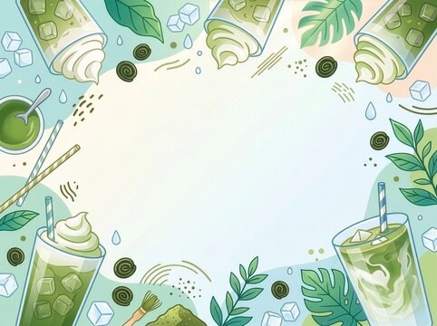 여름 말차 녹차 라떼 일러스트 프레임 배경, 카페 원두 및 찻잎 테두리 카피스페이스 Summer Matcha Green Tea Latte Illustration Frame Background with Tea Leaves and Whisk, Copy Space for Text
