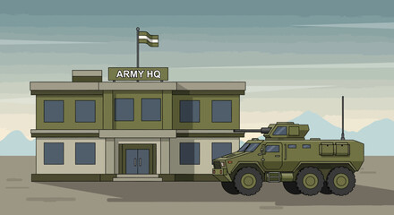 Fototapeta premium Army HQ and Armored Vehicle Illustration, Military Base Concept