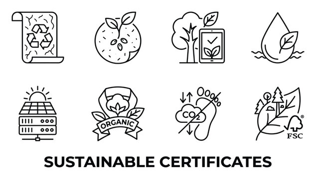 Sustainable certificates icons for recycle organic solar power carbon footprint and FSC wood forest leaf.