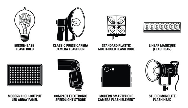 Various types of flash photography equipment, including bulbs, cubes, strobes, and panels.