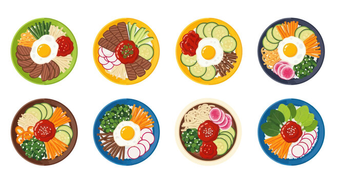 Variety of colorful food plates served.