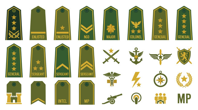Military Ranks and Insignia Collection: Ranks, Badges, Symbols on White Background