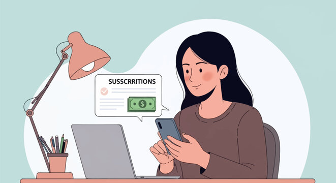 Vector illustration of a young woman sitting at a desk with a laptop and lamp, using her smartphone to manage digital subscriptions shown in a speech bubble with a dollar icon.