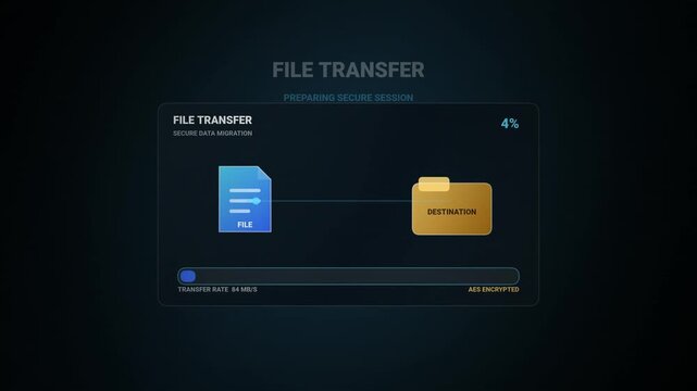 File Transfer and Secure Data Migration Animation with Progress Bar and Encryption