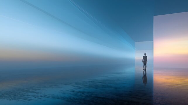 Minimalist surreal background with a man silhouette and light reflections.