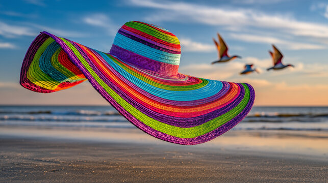 tumbling. A colorful straw hat tumbling in the wind against a blue sky and beach. travel magazines, destination branding, designed for outdoor magazines and nature guides, used by bi analysts.