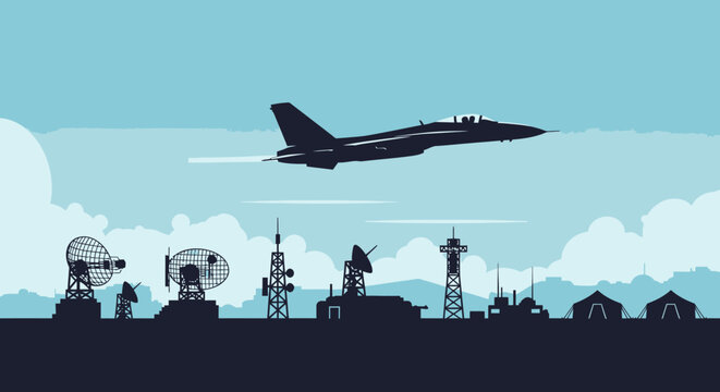Jet Fighter Above Military Base Silhouettes - Flight Concept