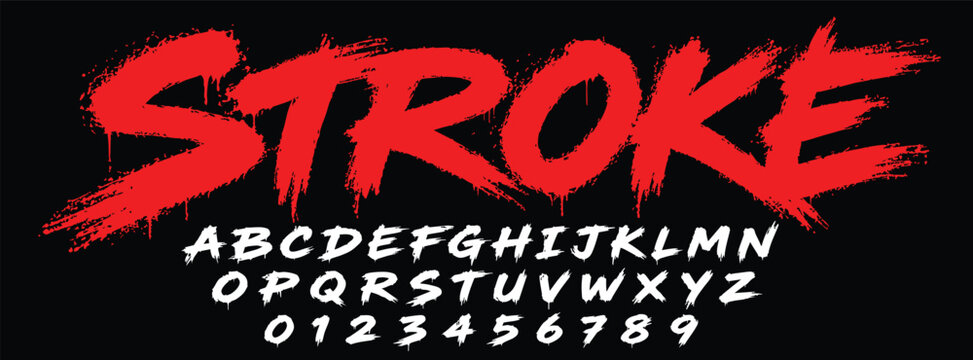 Handwritten brush font, alphabet letters and numbers, vector set grunge dry brush strokes, artistic typeface for posters, logos, and tshirt designs