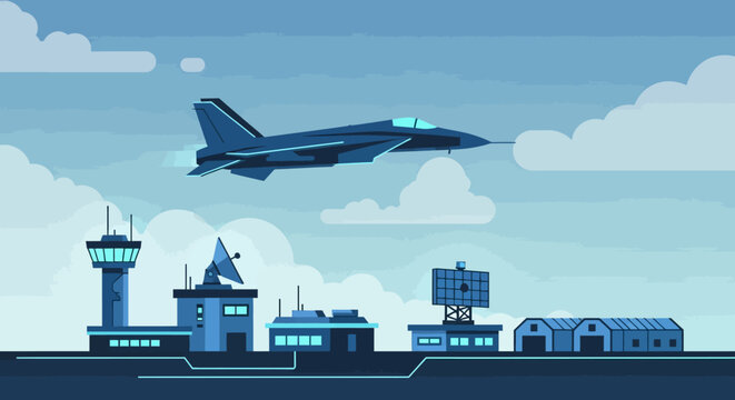 Jet fighter soaring over a modern airport illustration