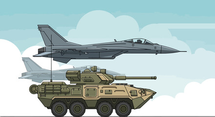 Fototapeta premium Military Aircraft and Armored Vehicle Illustration
