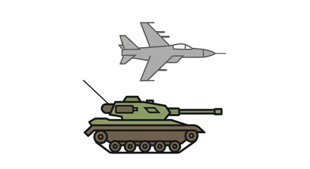 Fototapeta premium Military Aircraft and Tank: Flat Illustration on White