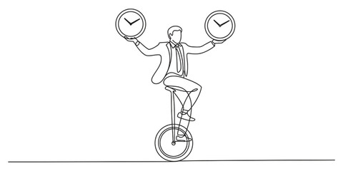 Businessman riding a unicycle and balancing two clocks in one line drawing © Shuvo Mohonto