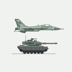 Fototapeta premium Military Aircraft and Tank Vector Illustration - Modern Warfare Equipment Icons