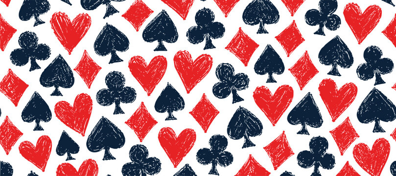 Seamless pattern of handdrawn playing card suits hearts, diamonds, clubs, spades in red and dark blue, isolated on white background