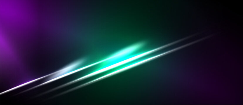 Abstract background features vibrant purple, teal streaks. Diagonal lines create dynamic energy, contrasting dark space. Modern design.