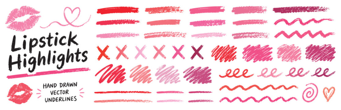 Set of hand drawn lipstick strokes, underlines, crosses, hearts and squiggles isolated on white background